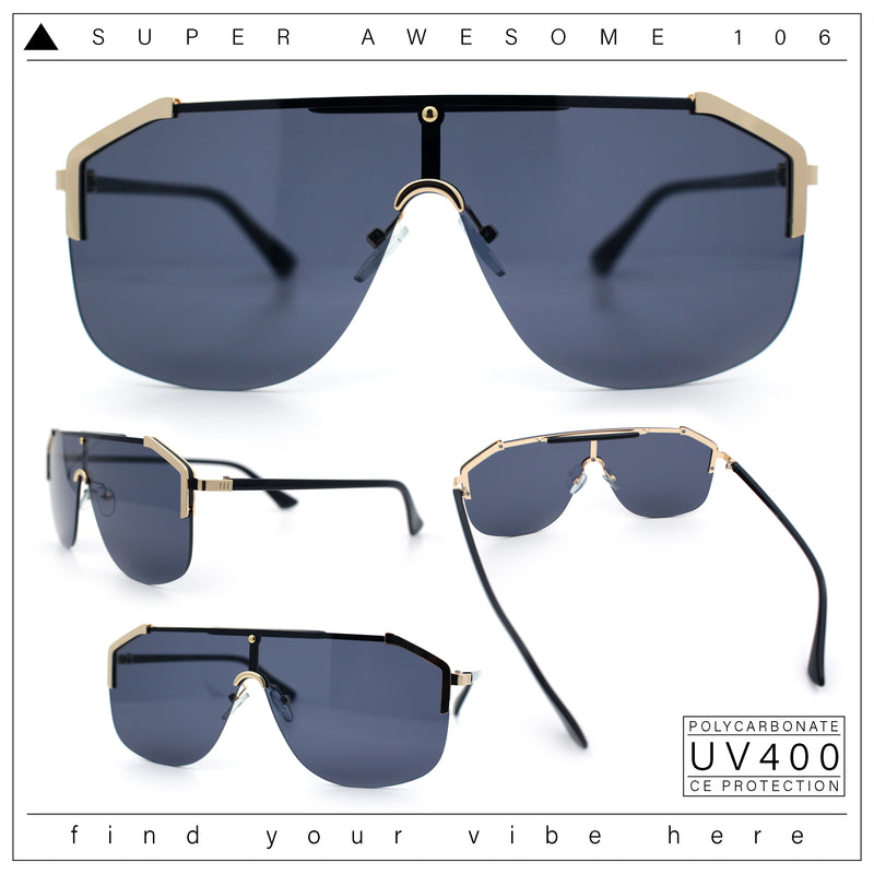 Oversized Shield Rectangular Rimless Metal Frame Racer Sunglasses