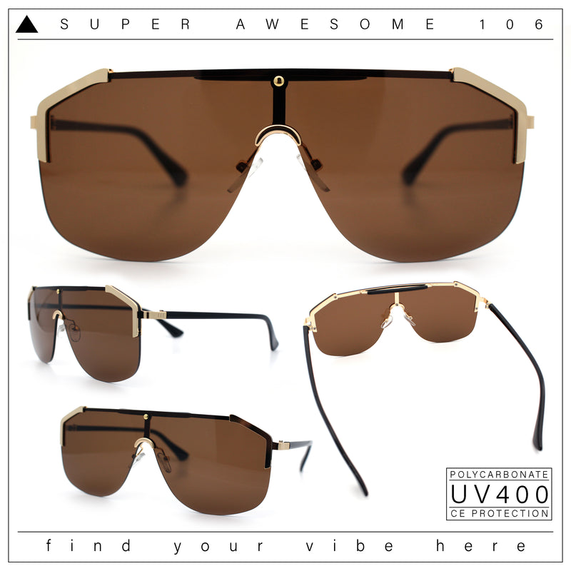 Oversized Shield Rectangular Rimless Metal Frame Racer Sunglasses