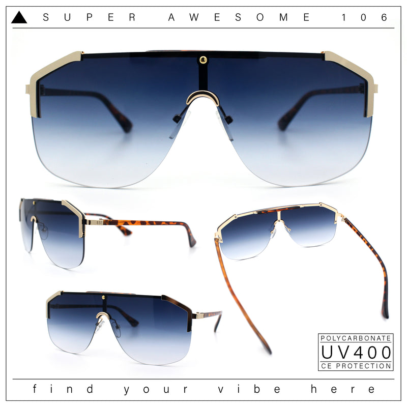 Oversized Shield Rectangular Rimless Metal Frame Racer Sunglasses