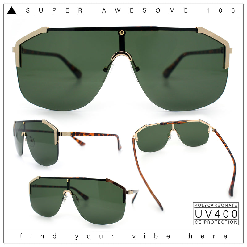 Oversized Shield Rectangular Rimless Metal Frame Racer Sunglasses