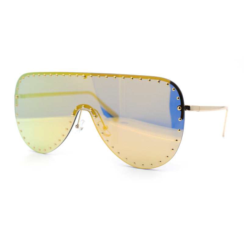 Womens Metal Studded Rimless Oversized Shield Flat Top Racer Sunglasses