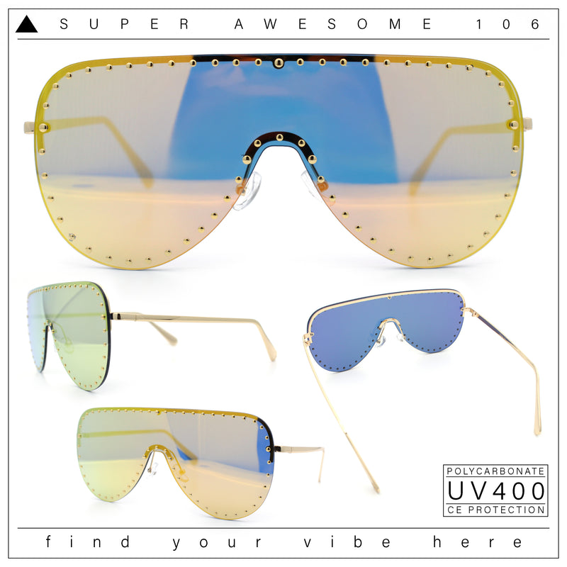 Womens Metal Studded Rimless Oversized Shield Flat Top Racer Sunglasses