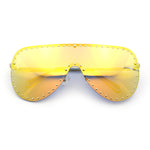 Womens Metal Studded Rimless Oversized Shield Flat Top Racer Sunglasses