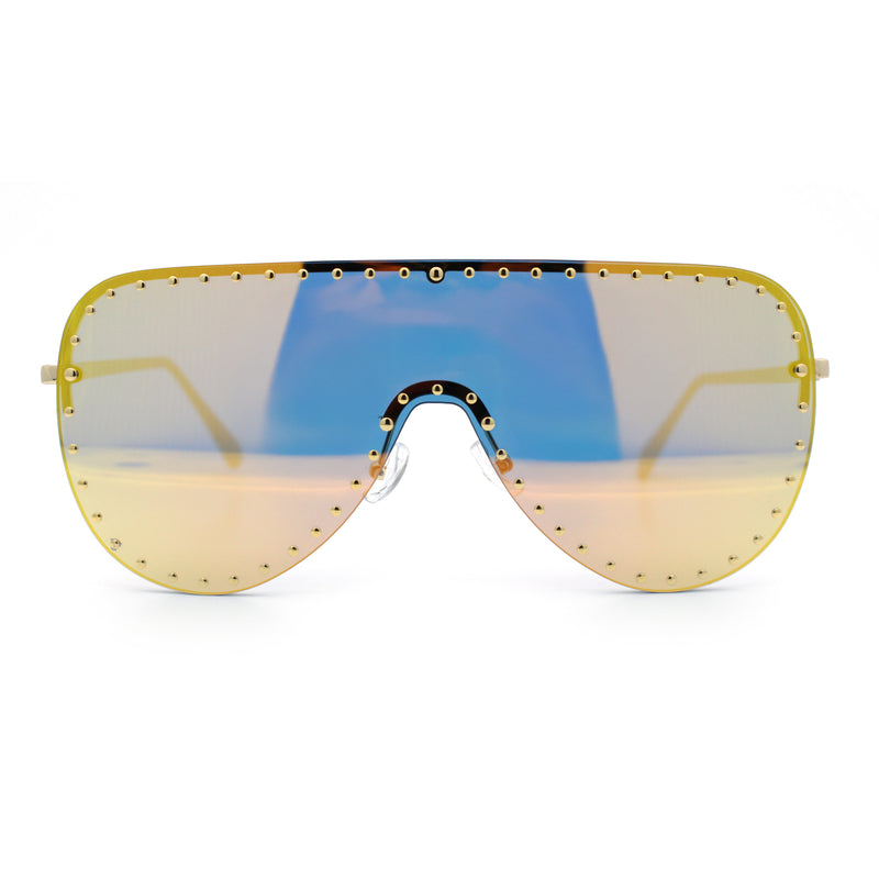 Womens Metal Studded Rimless Oversized Shield Flat Top Racer Sunglasses