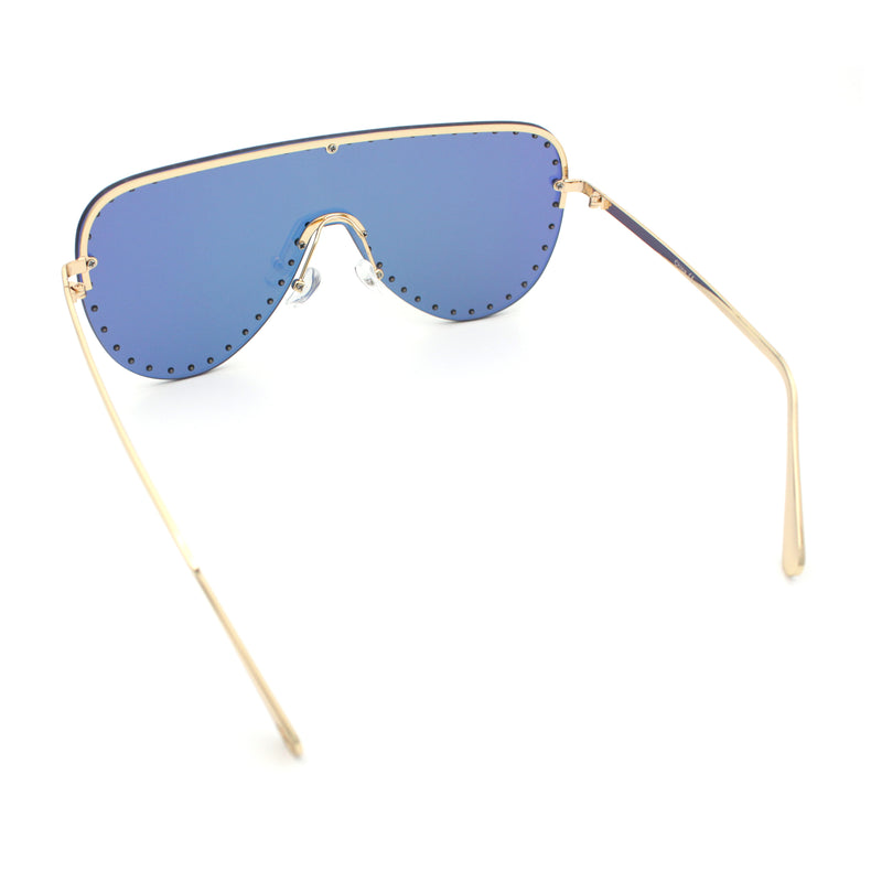 Womens Metal Studded Rimless Oversized Shield Flat Top Racer Sunglasses