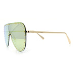 Womens Metal Studded Rimless Oversized Shield Flat Top Racer Sunglasses