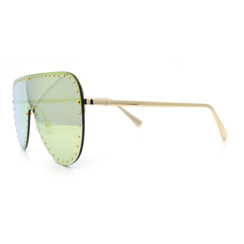 Womens Metal Studded Rimless Oversized Shield Flat Top Racer Sunglasses