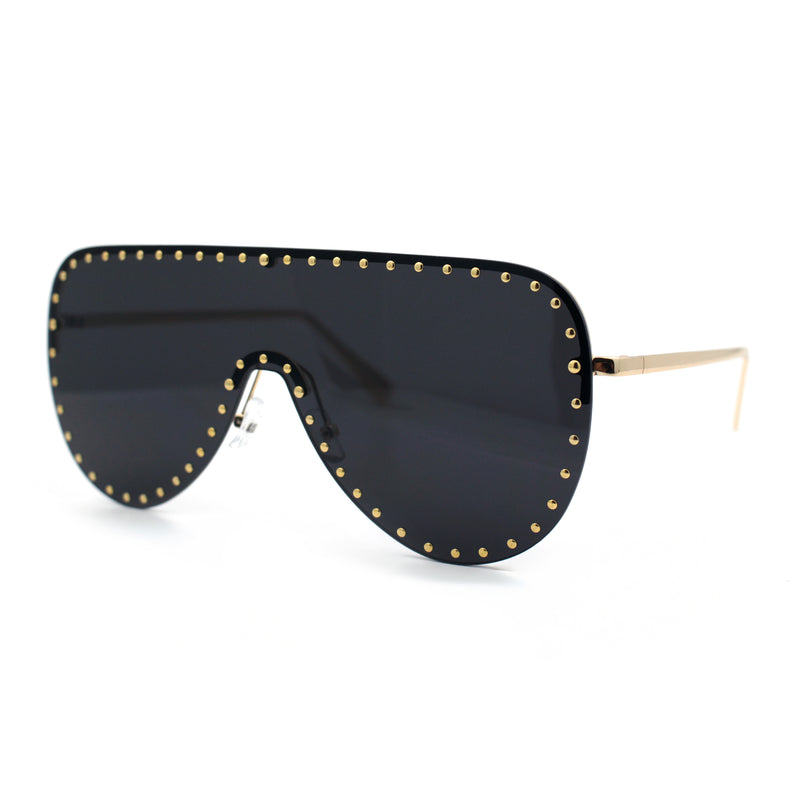 Womens Metal Studded Rimless Oversized Shield Flat Top Racer Sunglasses
