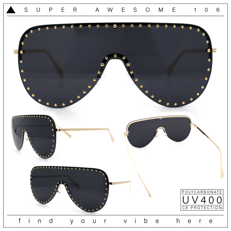 Womens Metal Studded Rimless Oversized Shield Flat Top Racer Sunglasses