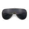 Womens Metal Studded Rimless Oversized Shield Flat Top Racer Sunglasses