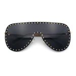 Womens Metal Studded Rimless Oversized Shield Flat Top Racer Sunglasses