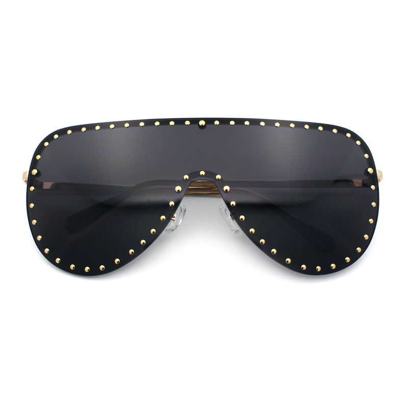 Womens Metal Studded Rimless Oversized Shield Flat Top Racer Sunglasses