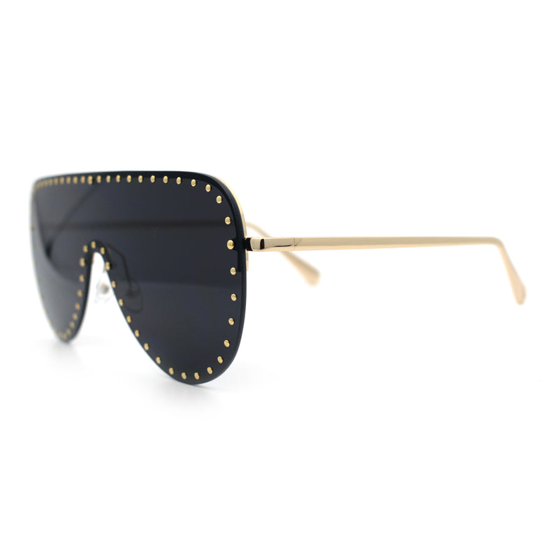 Womens Metal Studded Rimless Oversized Shield Flat Top Racer Sunglasses