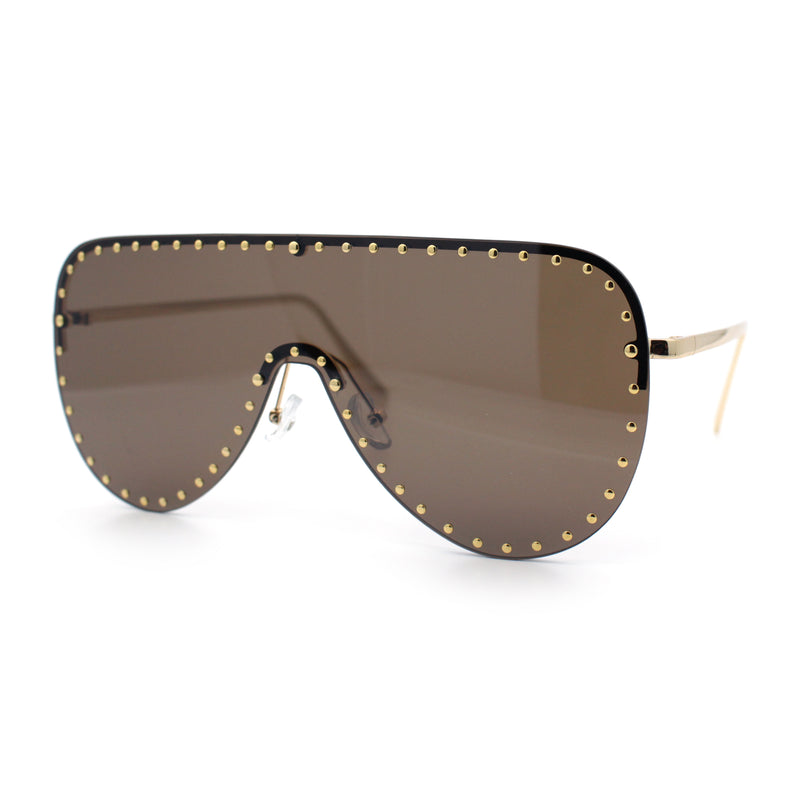 Womens Metal Studded Rimless Oversized Shield Flat Top Racer Sunglasses