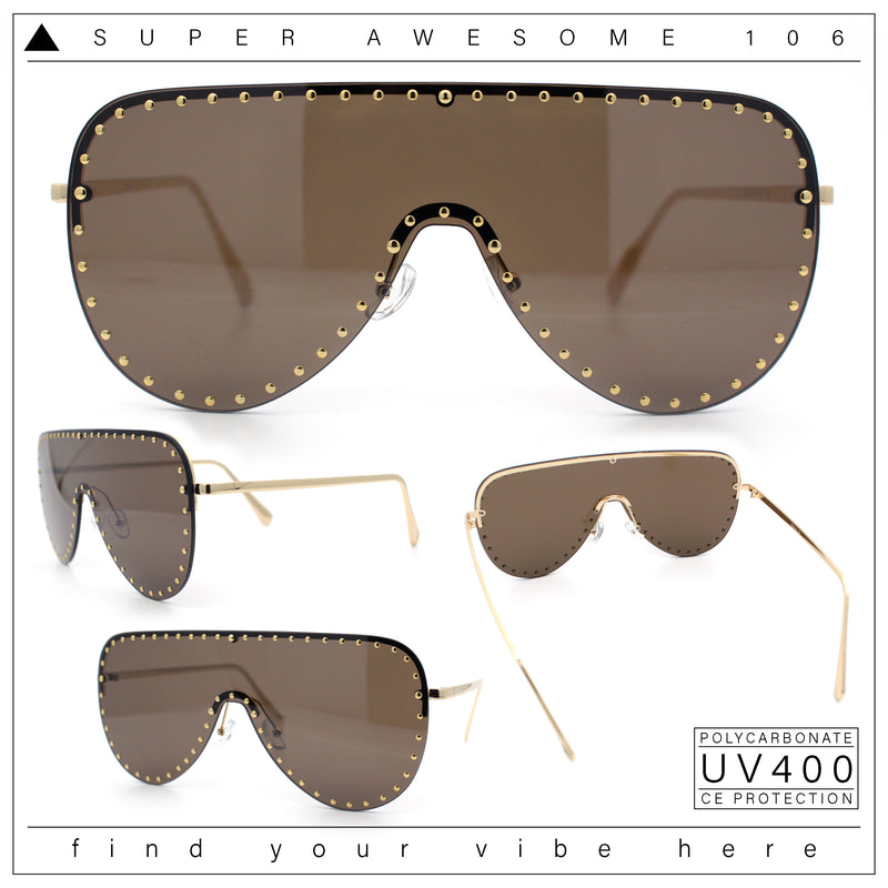 Womens Metal Studded Rimless Oversized Shield Flat Top Racer Sunglasses
