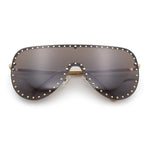Womens Metal Studded Rimless Oversized Shield Flat Top Racer Sunglasses