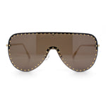 Womens Metal Studded Rimless Oversized Shield Flat Top Racer Sunglasses