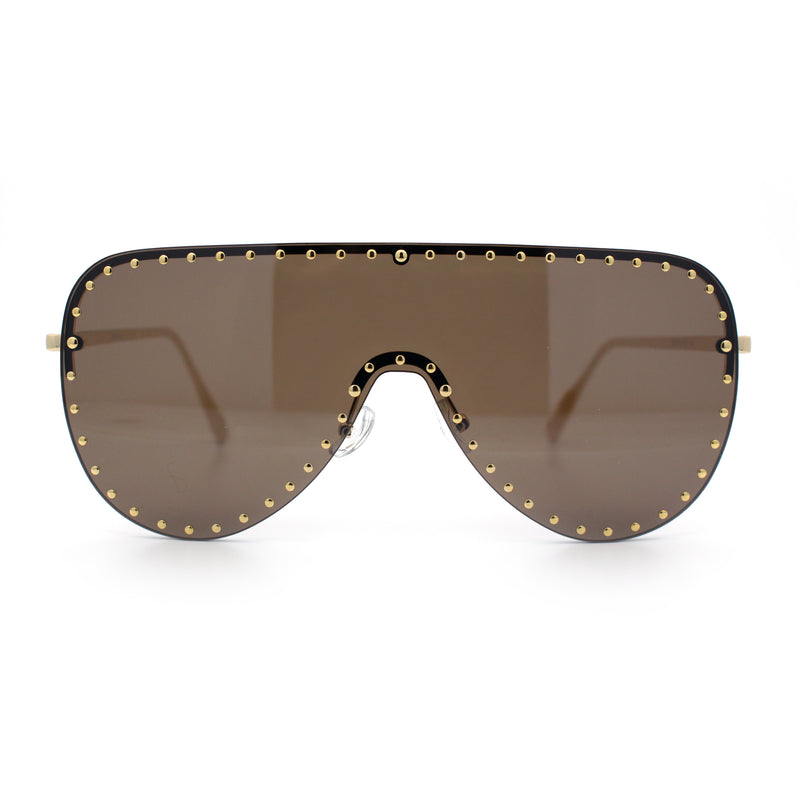 Womens Metal Studded Rimless Oversized Shield Flat Top Racer Sunglasses