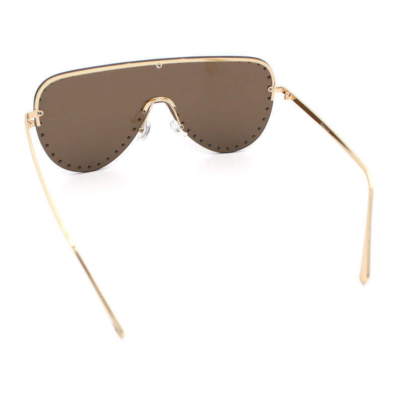 Womens Metal Studded Rimless Oversized Shield Flat Top Racer Sunglasses