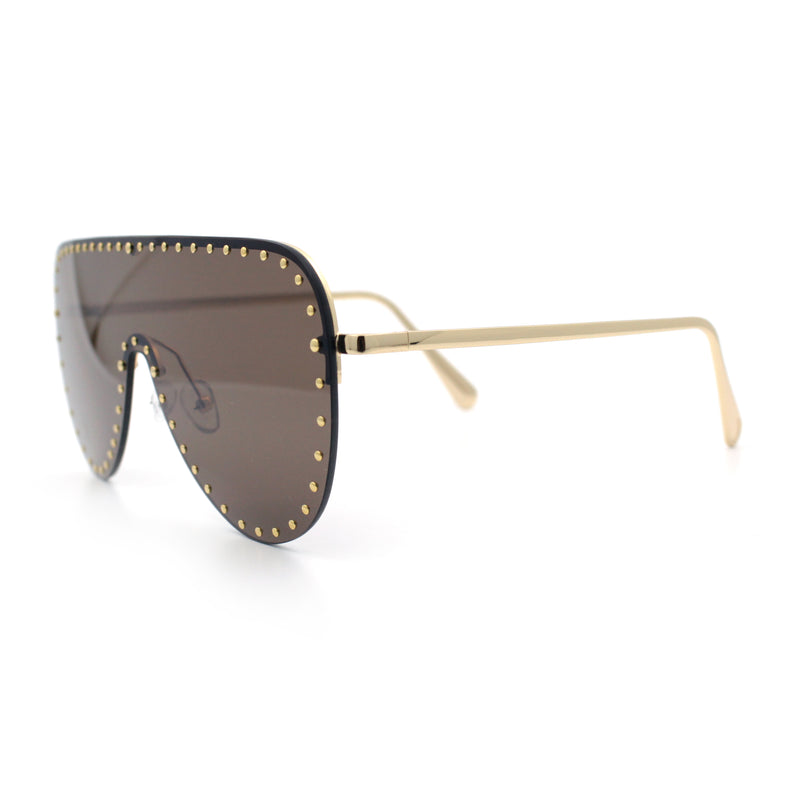 Womens Metal Studded Rimless Oversized Shield Flat Top Racer Sunglasses