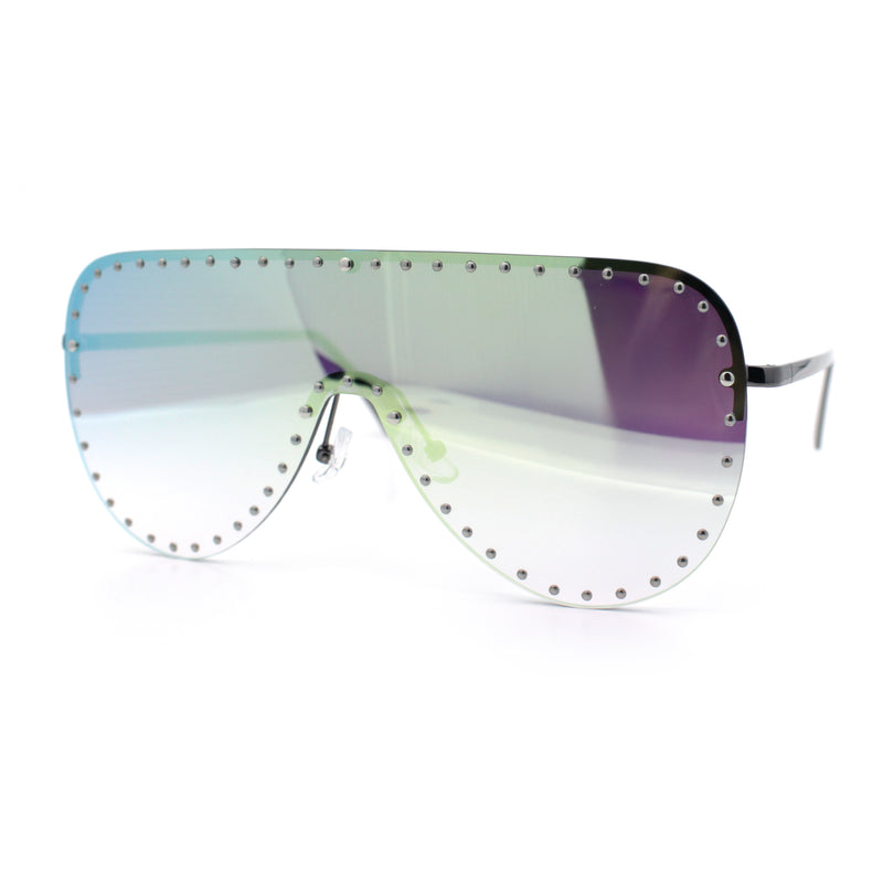 Womens Metal Studded Rimless Oversized Shield Flat Top Racer Sunglasses
