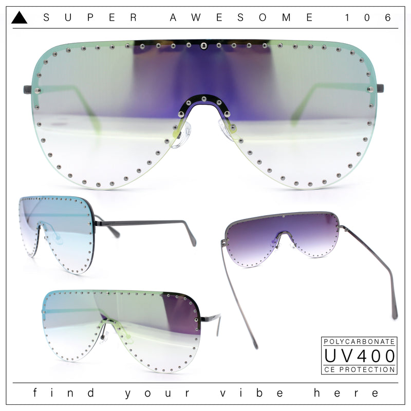 Womens Metal Studded Rimless Oversized Shield Flat Top Racer Sunglasses