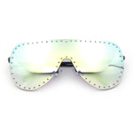 Womens Metal Studded Rimless Oversized Shield Flat Top Racer Sunglasses