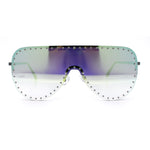 Womens Metal Studded Rimless Oversized Shield Flat Top Racer Sunglasses