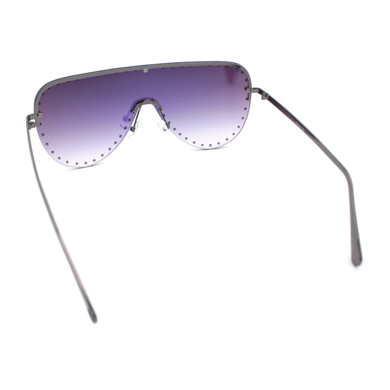 Womens Metal Studded Rimless Oversized Shield Flat Top Racer Sunglasses