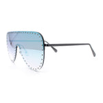 Womens Metal Studded Rimless Oversized Shield Flat Top Racer Sunglasses