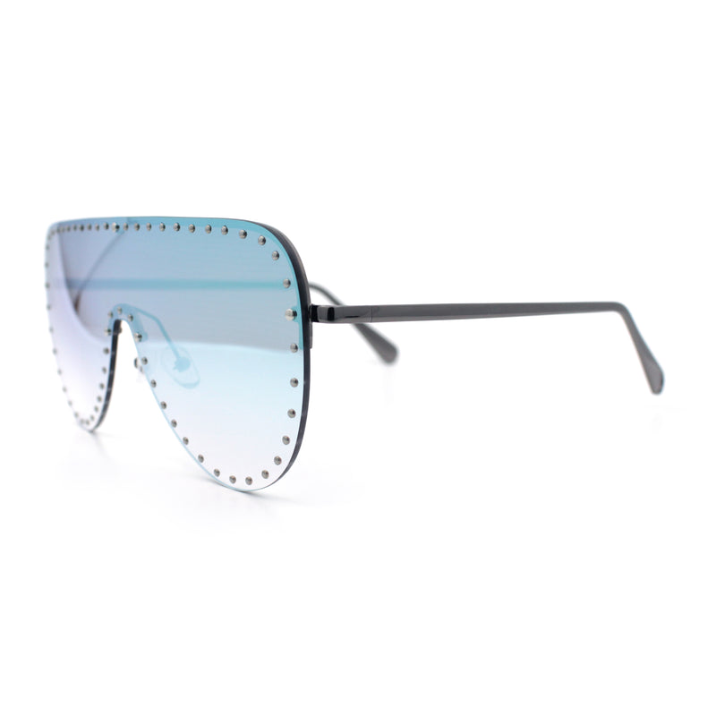 Womens Metal Studded Rimless Oversized Shield Flat Top Racer Sunglasses