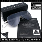 Womens Metal Studded Rimless Oversized Shield Flat Top Racer Sunglasses