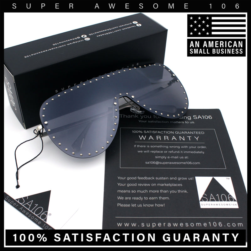 Womens Metal Studded Rimless Oversized Shield Flat Top Racer Sunglasses