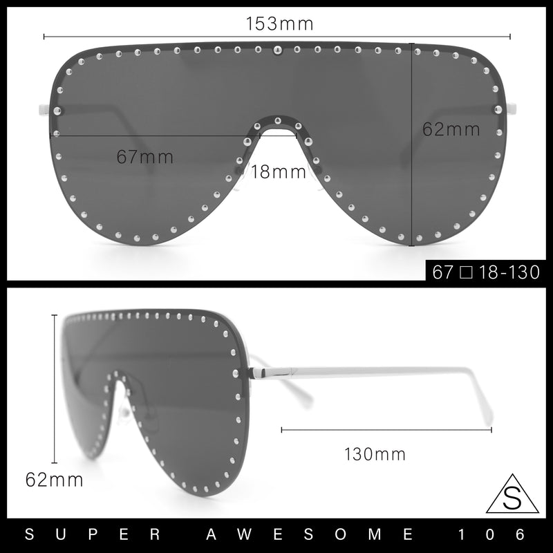 Womens Metal Studded Rimless Oversized Shield Flat Top Racer Sunglasses