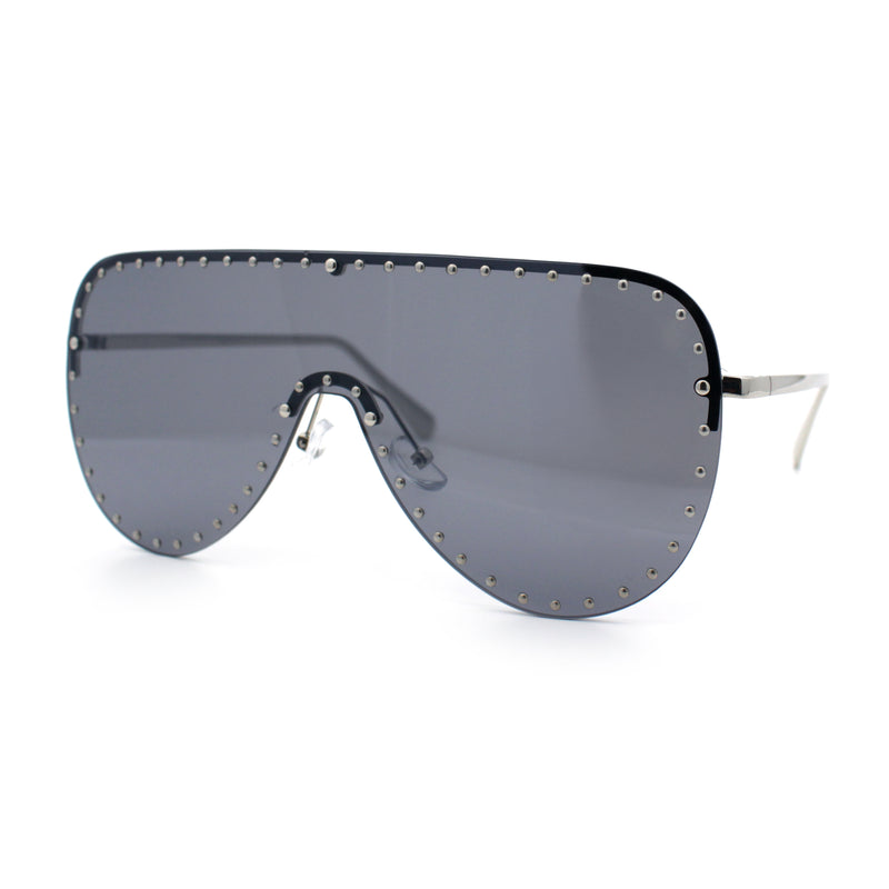 Womens Metal Studded Rimless Oversized Shield Flat Top Racer Sunglasses