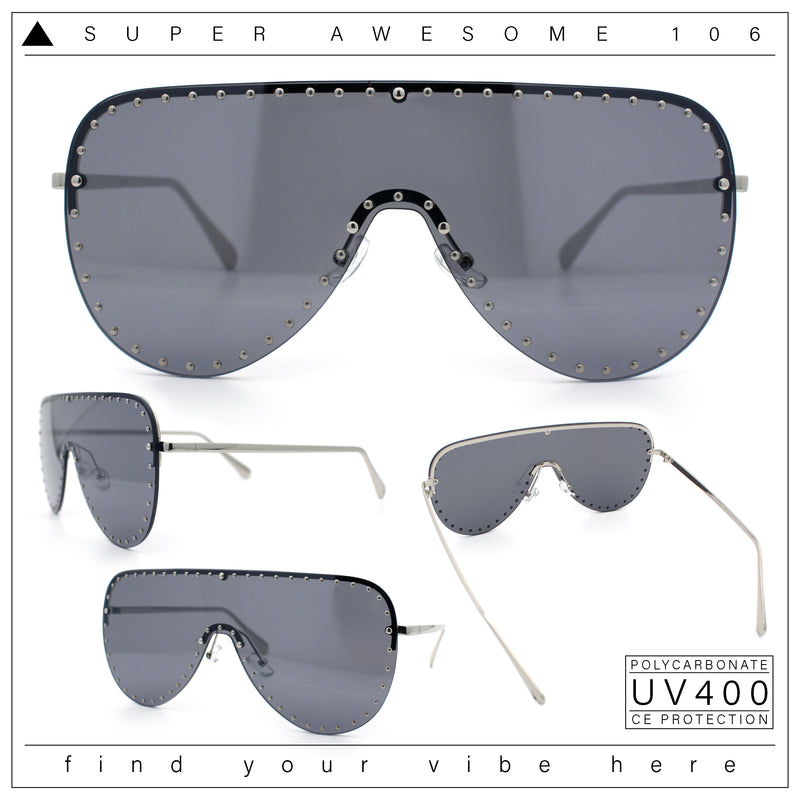 Womens Metal Studded Rimless Oversized Shield Flat Top Racer Sunglasses