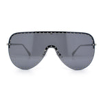 Womens Metal Studded Rimless Oversized Shield Flat Top Racer Sunglasses