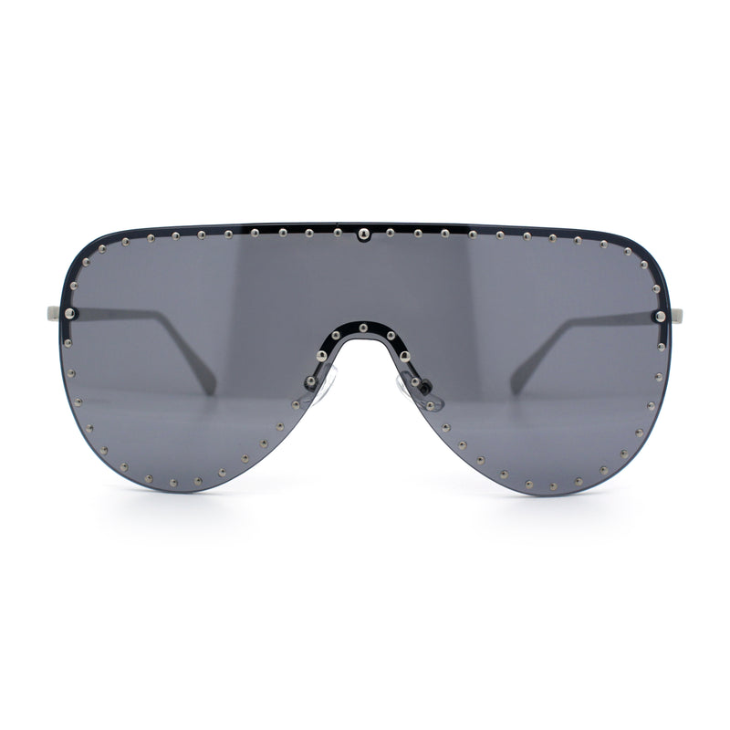 Womens Metal Studded Rimless Oversized Shield Flat Top Racer Sunglasses