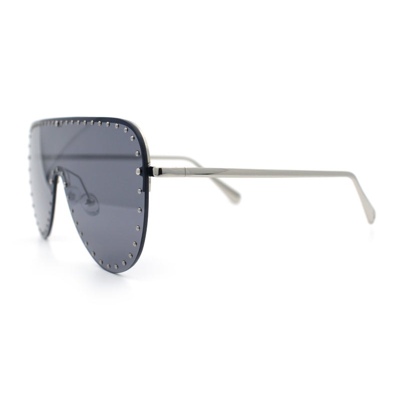 Womens Metal Studded Rimless Oversized Shield Flat Top Racer Sunglasses