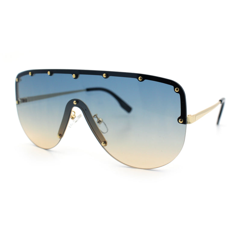 Metal Stud Flat Top Half Rim Rimless Shield Oversized Racer Sunglasses