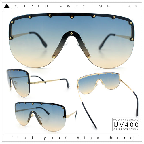 Metal Stud Flat Top Half Rim Rimless Shield Oversized Racer Sunglasses