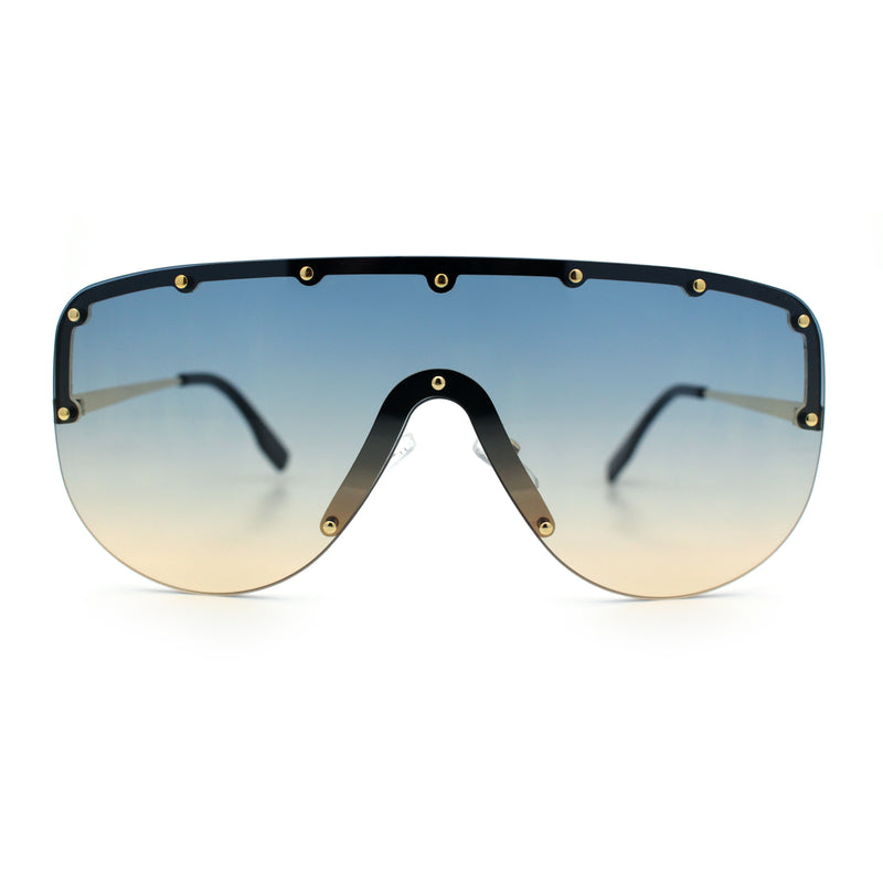 Metal Stud Flat Top Half Rim Rimless Shield Oversized Racer Sunglasses