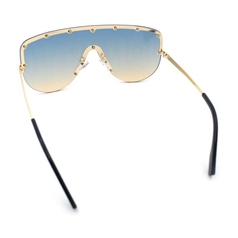 Metal Stud Flat Top Half Rim Rimless Shield Oversized Racer Sunglasses