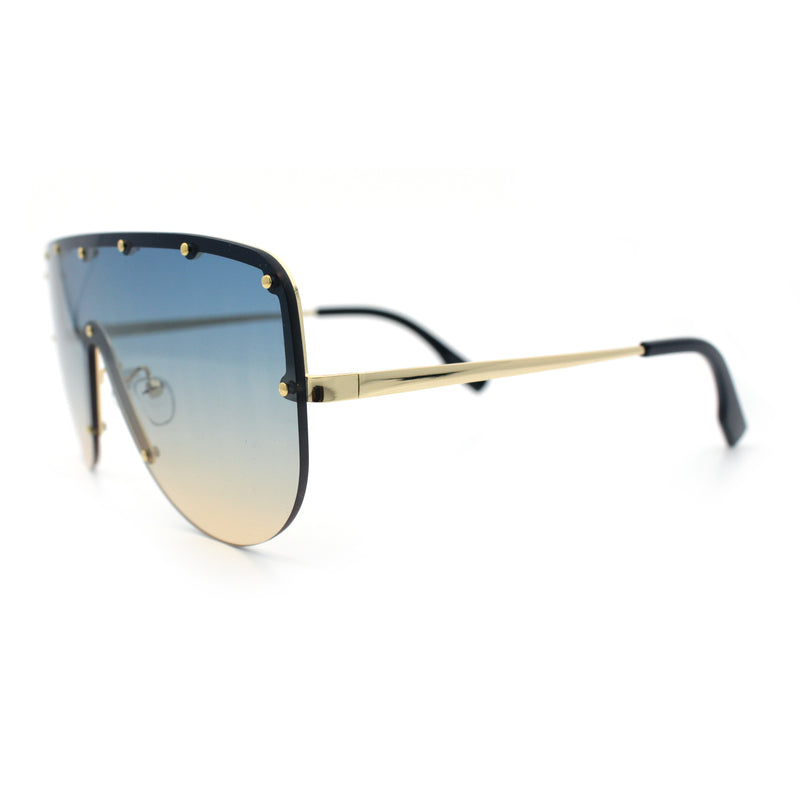 Metal Stud Flat Top Half Rim Rimless Shield Oversized Racer Sunglasses