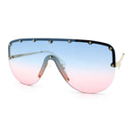Metal Stud Flat Top Half Rim Rimless Shield Oversized Racer Sunglasses