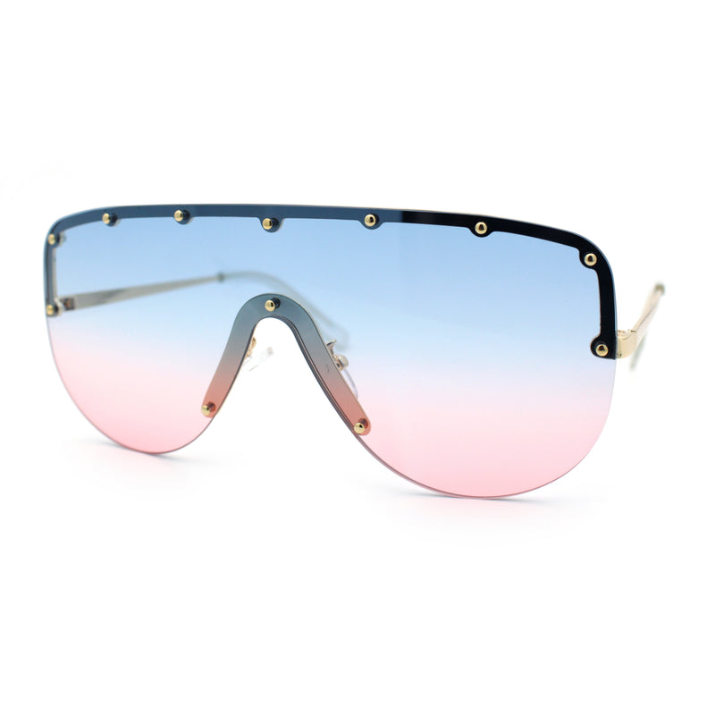 Metal Stud Flat Top Half Rim Rimless Shield Oversized Racer Sunglasses