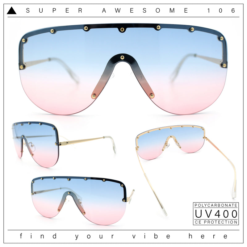 Metal Stud Flat Top Half Rim Rimless Shield Oversized Racer Sunglasses