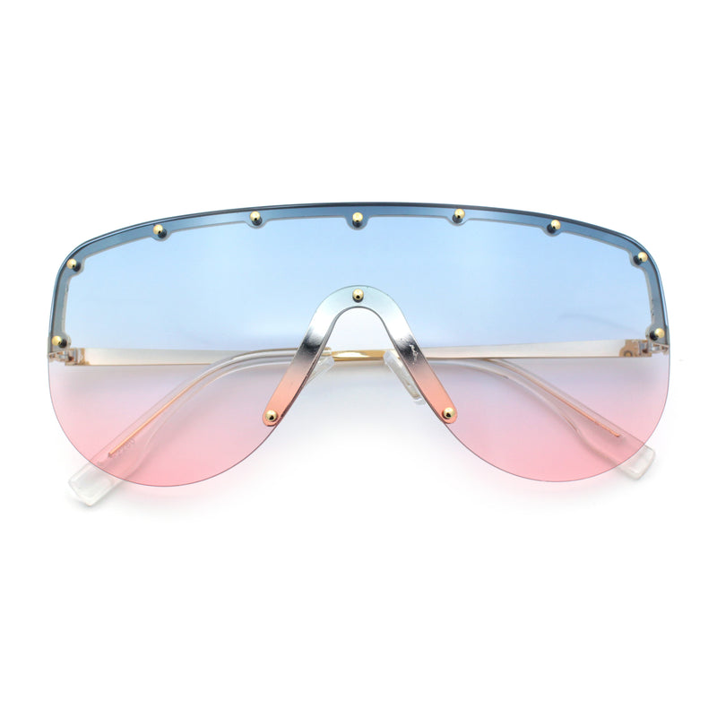 Metal Stud Flat Top Half Rim Rimless Shield Oversized Racer Sunglasses