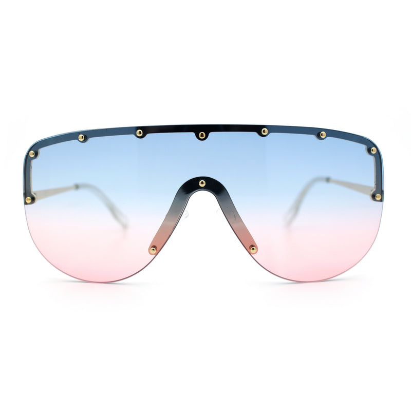 Metal Stud Flat Top Half Rim Rimless Shield Oversized Racer Sunglasses