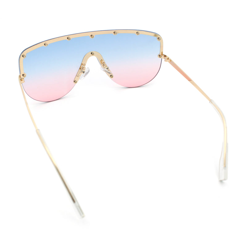 Metal Stud Flat Top Half Rim Rimless Shield Oversized Racer Sunglasses